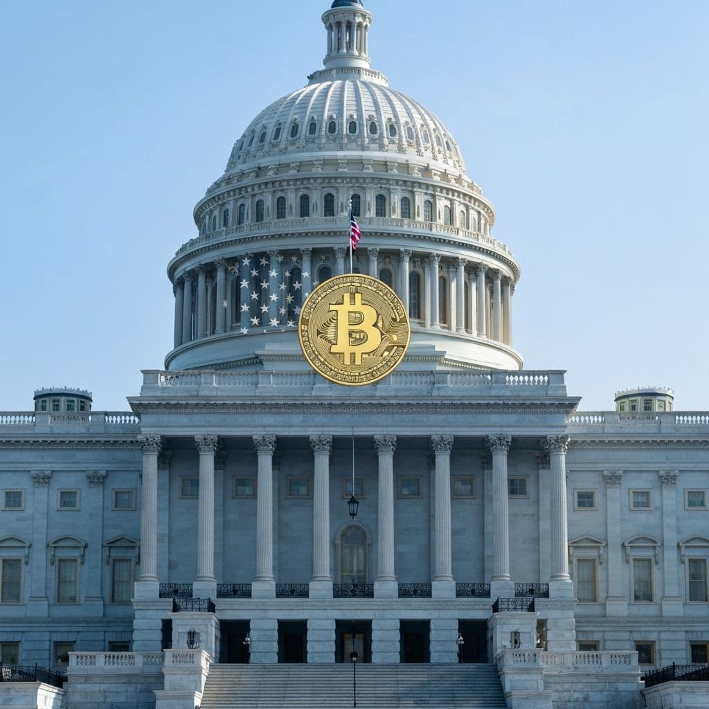 US Capitol building with cryptocurrency symbols