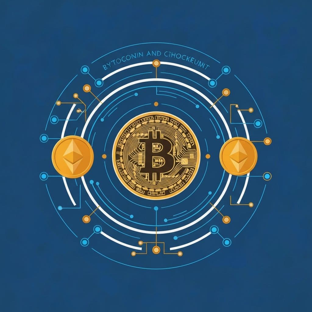 Educational illustration showing Bitcoin and Ethereum with blockchain network connections