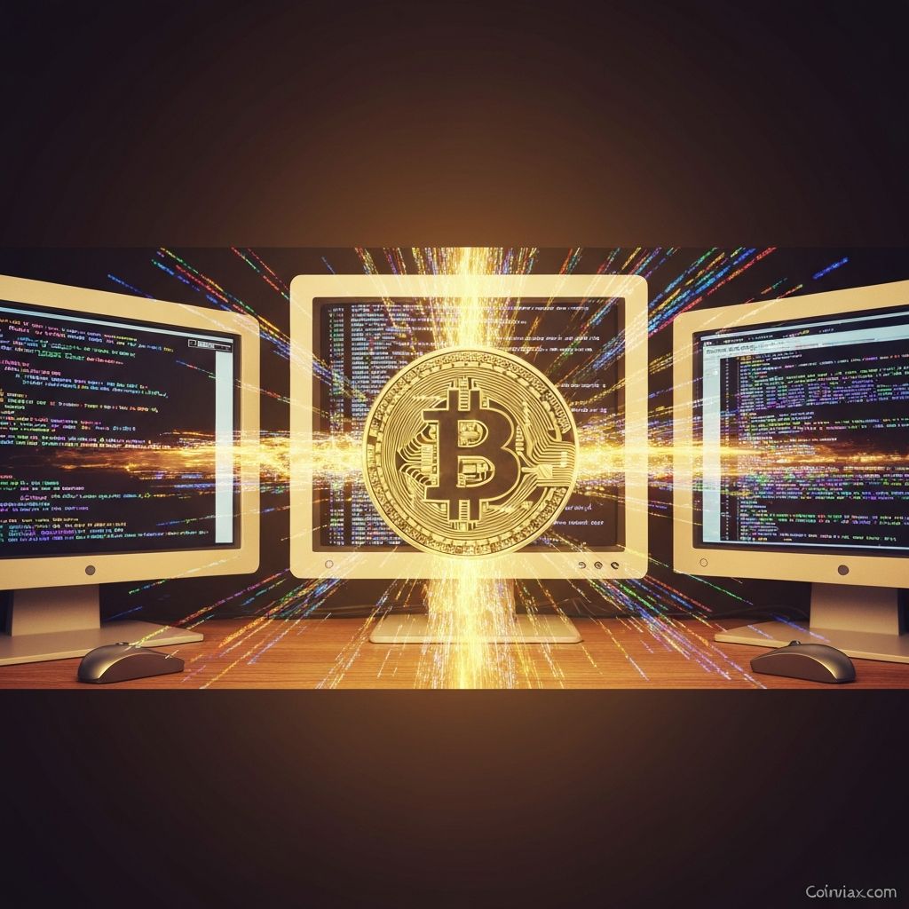 Bitcoin genesis block and origins visualization representing Satoshi Nakamoto's creation