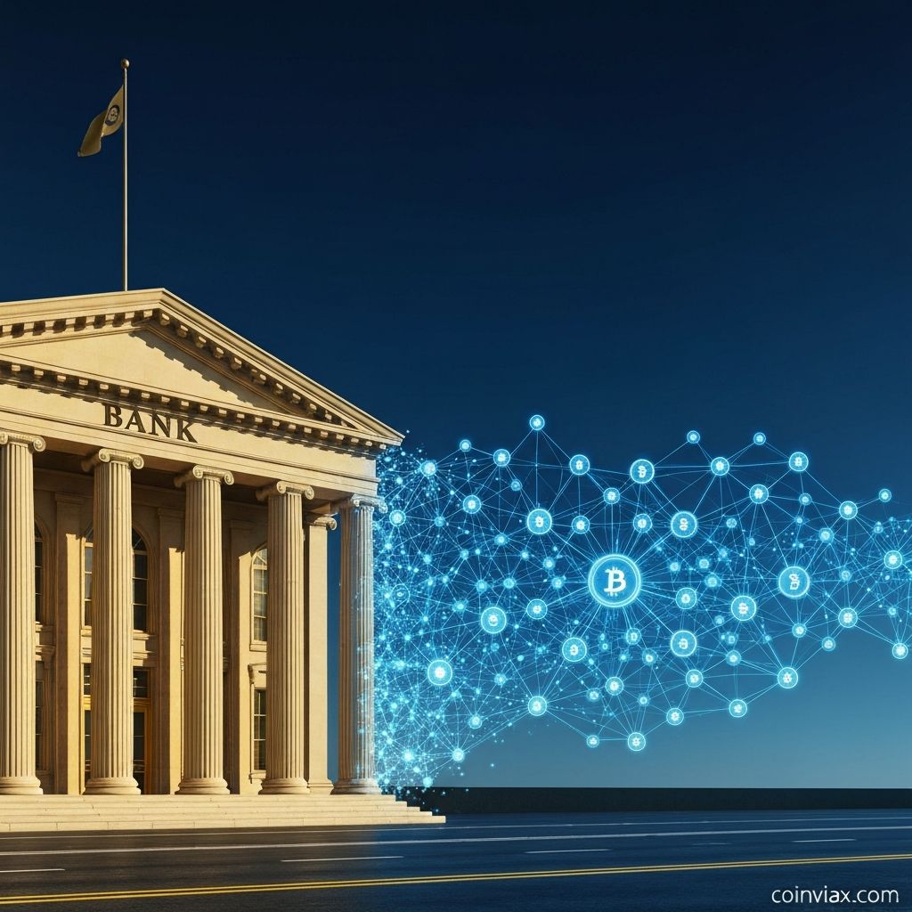Comparison visualization showing the transformation from traditional centralized banking to decentralized blockchain finance